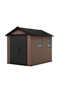 Keter Casetta da Giardino Newton Plus - Materiale Composito Evotech - Colore Marrone - Misura 230x287x246 cm - Doppie Porte e Finestre in Policabornato - Ideale per Riporre Attrezzi e Mobili da Giardino