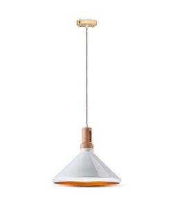 Lampadario LED in Metallo a Cono con Portalampada E27 (Max 60W) Colore Bianco Lucido e Attacco in Legno