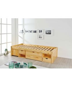 Letto in Pino Massello Naturale con Contenitori e Comodino - 90x200 cm