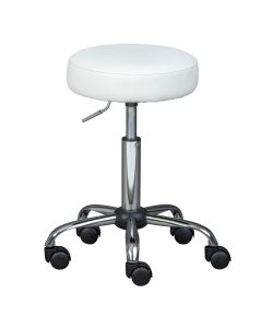 Sgabello Con Ruote Multiuso In Metallo Cromato E Pu Imbottito Bianco.