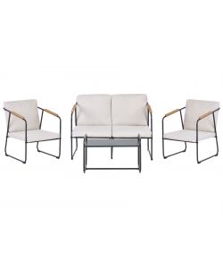 Domo Mea Salotto da Giardino Milos in Ferro Nero con Cuscini Ecr - Set Completo Divanetto, Poltrone e Tavolino