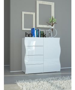 Web Furniture Mobile Onda Bianco Lucido 1 Anta 4 Cassetti - Design Moderno - 81h x 90L x 90P cm