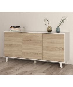 Fores Credenza Zaiken Plus in Bianco Lucido e Rovere - Stile Nordico 154x41x75 cm