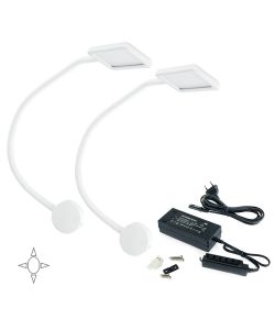 Emuca Applique LED, quadrato, braccio flessibile, sensore touch, 2 USB, Bianco , + Convertitore 50 W, 2 u.