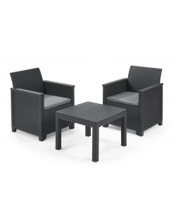 EMMA BALCONY SET con cuscini - Poltrone 65x63x74h Tavolino aperto 58,5x58,5x43h - Flat Wicker 7 mm - Grafite Keter