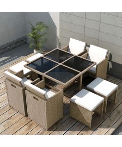 Set da Pranzo da Giardino 9 pz con Cuscini in Polyrattan Beige