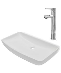 Lavello Bagno con Miscelatore in Ceramica Rettangolare Bianco