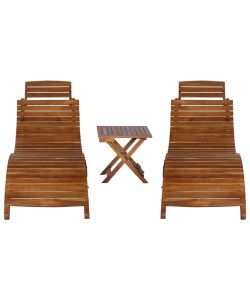 Lettino Prendisole 3 pz con Tavolino in Legno Massello d'Acacia